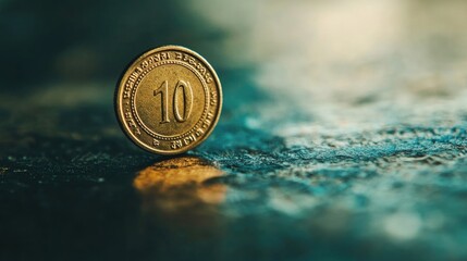 A unique perspective of a 10 rupees coin with a shallow depth of field