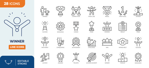 Winner line editable icon set. Containing winner, victory, success, prize, celebration, podium, finish line, trophy, and more. Vector illustration.