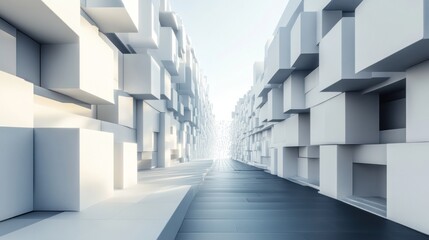 Fototapeta premium Modern, abstract city street lined with white cubes
