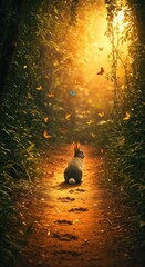 A serene rabbit sitting on a forest path surrounded by colorful butterflies in a sunlit jungle - paw prints rabbit