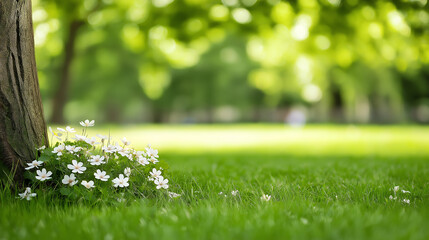A summer park where the lush green trees provide cool shade, with sunlight filtering through the leaves and creating beautiful patterns on a bright day