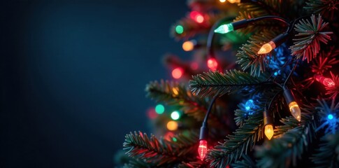 A string of colorful lights wraps around a Christmas tree, ornament, colorful accents, Christmas tree