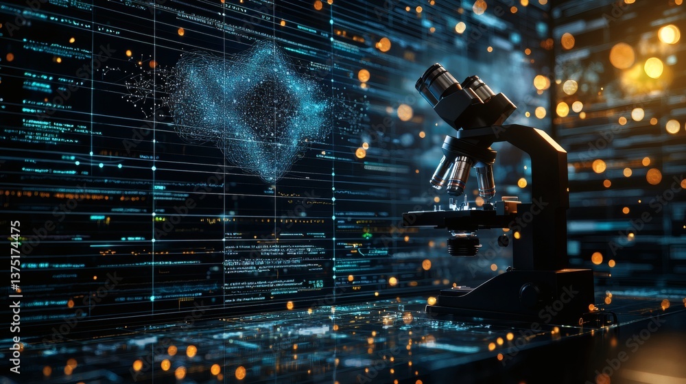 Poster ai powered microscope analyzing cancerous cells under a high-resolution lens medical technology conc