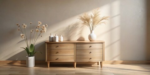 Sunlit Interior Design Featuring Wooden Chest of Drawers and Dried Floral Arrangements