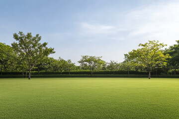 Fototapeta premium Lush green lawn under a clear blue sky in a tranquil outdoor setting