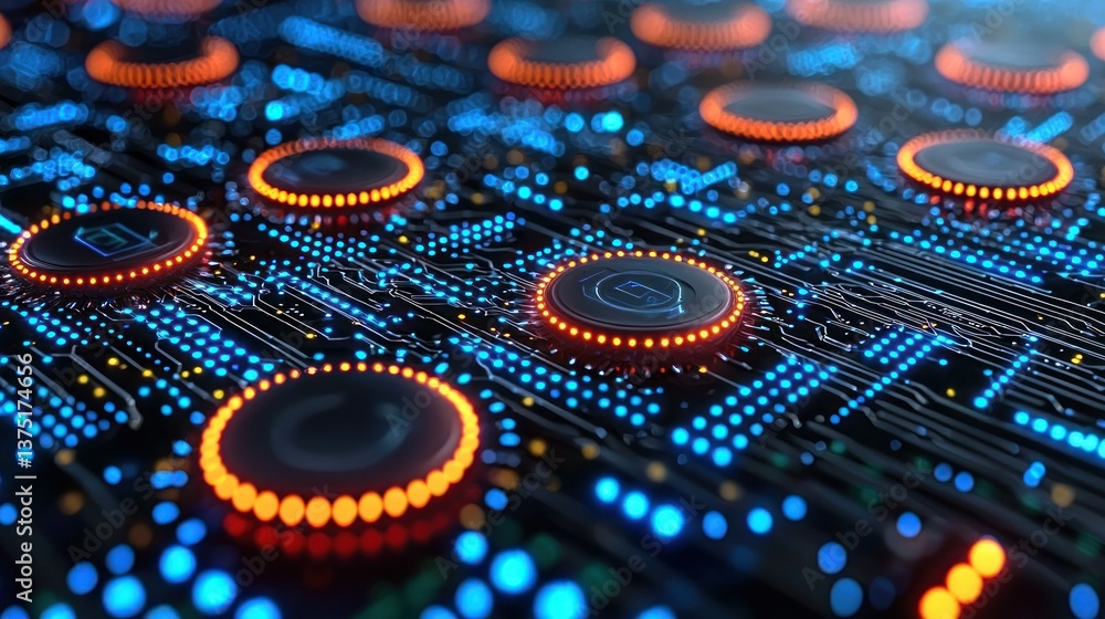 Poster futuristic digital circuit board with illuminated nodes and connections