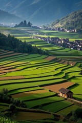 Fototapeta premium arafed fields with a small house in the middle of them