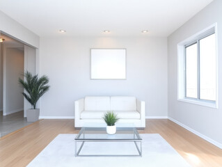 Modern minimalist living room with white couch and natural light in spacious apartment