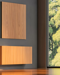 Modern interior featuring wooden wall panels and large window with green view