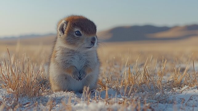 Adorable Little Mongolian Jird in Winter Wonderland
