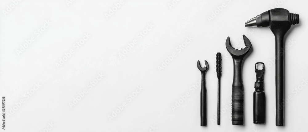 Poster set of tools arranged on a white background. on the left side of the image, there is a black hammer 