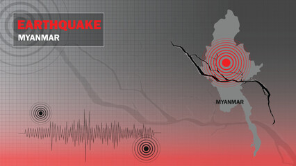 Myanmar 2025.A powerful 7.7 magnitude earthquake has hit Myanmar, with a state of emergency declared and. A graphical statistical map of earthquake for advertisement and news.