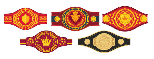 Championship belt sport battle winner award honor with golden decor element set vector flat