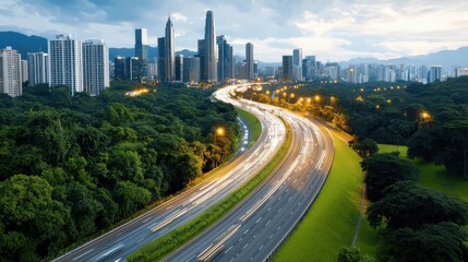Fototapeta premium Aerial panoramic view of a vibrant modern cityscape with towering skyscrapers winding highway and lush green trees in the foreground This image showcases the dynamic urban landscape infrastructure