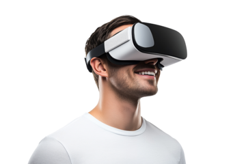 Smiling man in white T-shirt wearing virtual reality headset, side view Isolated on transparent Background