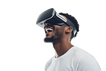 Happy man wearing virtual reality headset in side view with white T-shirt Isolated on transparent Background
