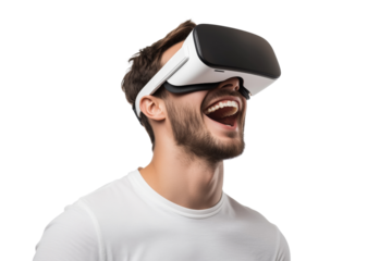 Happy man in white T-shirt wearing VR headset in side view Isolated on transparent Background