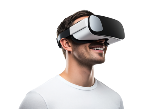 Smiling man in white T-shirt wearing virtual reality headset, side view Isolated on transparent Background