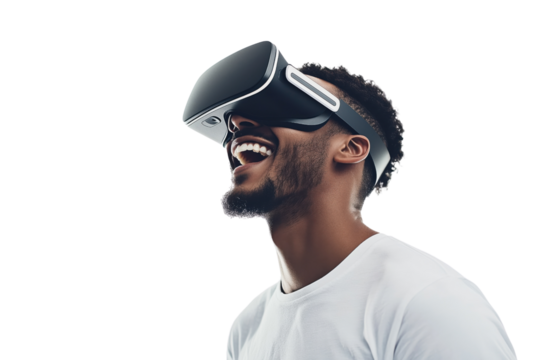 Happy man wearing virtual reality headset in side view with white T-shirt Isolated on transparent Background