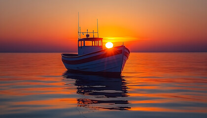 Fototapeta premium Fishing Boat at Sunset on Calm Ocean Water