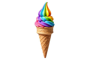 A Vibrant Rainbow Swirl Ice Cream Cone with Colorful Layers Displaying Bright Hues Against a Dark Background, Evoking Joy and Sweetness for Dessert Lovers