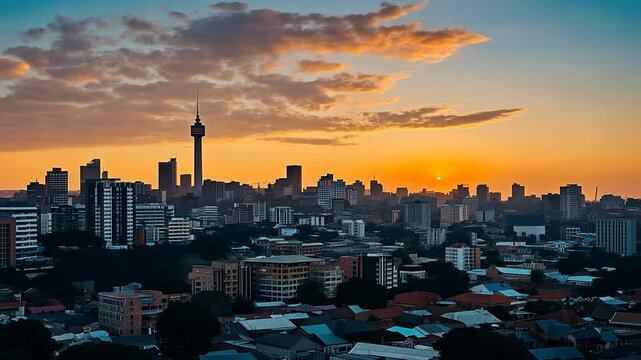 Johannesburg Skyline at Golden Hour: Urban Scenery with Dramatic Cloudscape View