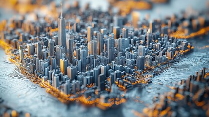 Obraz premium Aerial panoramic view of a modern high density city skyline with towering glass and steel skyscrapers busy streets and a thriving urban landscape Showcasing the dynamic architecture infrastructure