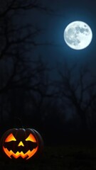 A moonlit night scene features a glowing jack o lantern in the foreground, moonlight, halloween background, darkness