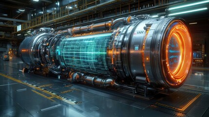 Massive industrial turbine engine at a power plant facility showcasing the complex and advanced used to generate electricity and power