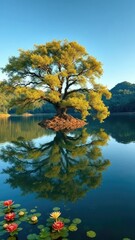 A serene lake reflects the peaceful presence of an ancient tree, ripples, aquatic flowers