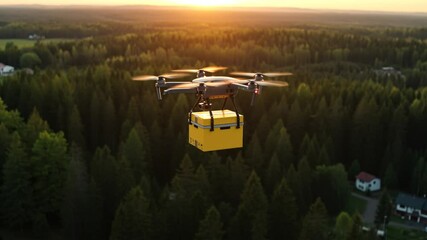 A drone hovers above a dense forest, carrying a bright yellow package