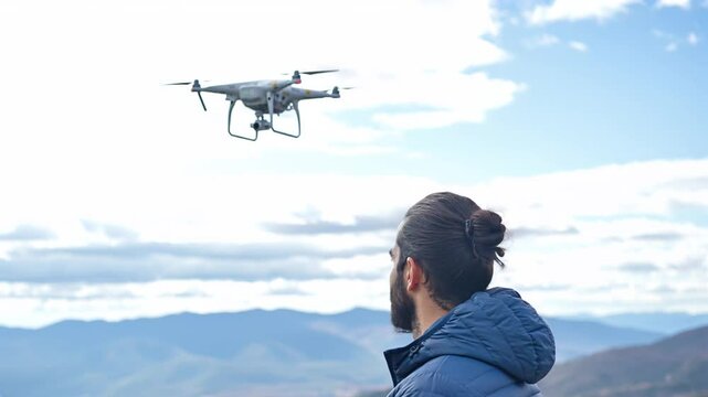 A man stands on a scenic mountain landscape, controlling a drone hovering above him