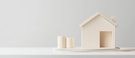 Small wooden model of a house on a white surface. the house is made of light-colored wood and has a triangular roof with a chimney on top.