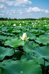 arafed lotus flower in a field of green leaves