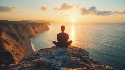 Obraz premium A man is sitting on a rock overlooking the ocean