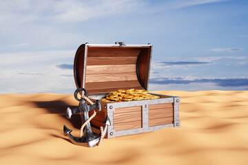 Chest with treasures and ship anchor with rope on sand