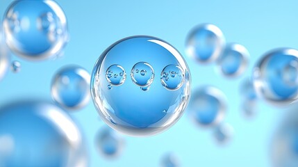 Blue bubbles float, science background, purity concept, medical illustration