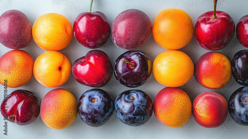 Poster assortment of ripe colorful fruits in natural arrangement a bountiful display of apples oranges plum