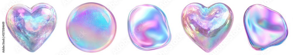 Poster a collection of iridescent bubble shapes: heart and orb featuring soft pastel colors with a playful,