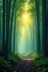 Obraz premium Misty bamboo forest at dawn with fog rolling in, mist, rolling, serene