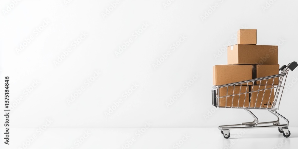 Poster shopping cart with several cardboard boxes stacked on top of each other. the cart is made of metal a