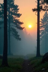 Fototapeta premium misty dawn over a pine tree forest with raindrops on the trees, scenery, misty dawns, forest