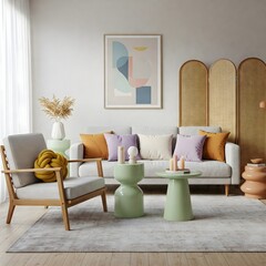 Stylish living room with a round ottoman, fresh floral arrangements, and colorful decor, creating a lively yet cozy atmosphere. Home decor and mock up poster frame