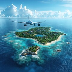 Naklejka premium Aerial view of an idyllic lush tropical island paradise surrounded by turquoise waters and white sandy beaches in the middle of the vast deep blue ocean