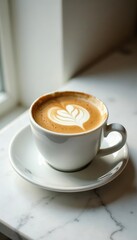 Warm cup filled with frothy coffee on a marble saucer, beverage, coffee