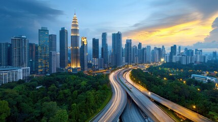 Fototapeta premium Breathtaking aerial view of a bustling metropolitan city skyline at sunset Towering modern skyscrapers glittering glass and steel high rises