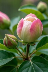 there is a pink flower budding on a green leafy plant