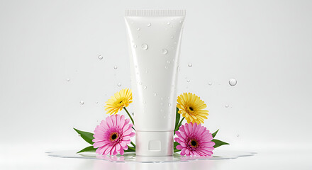 skin care product mockup, water splash, and fresh flowers, ideal for spa and wellness.
