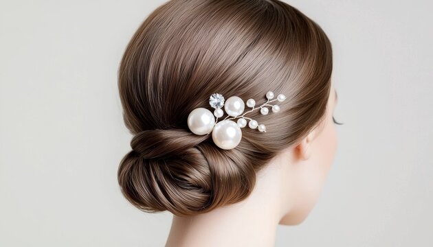 Classic wedding chignon with smooth twists, chocolate balayage hair, elegant pearl hairpieces, perfect for a timeless bridal style. - Powered by Adobe