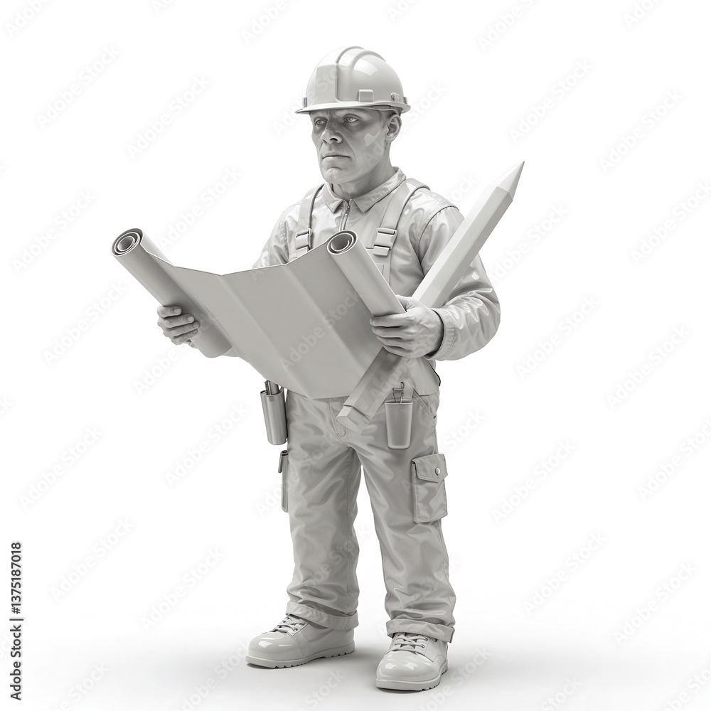 Aufkleber statue of a worker with blueprints melting from hard work. generative ai